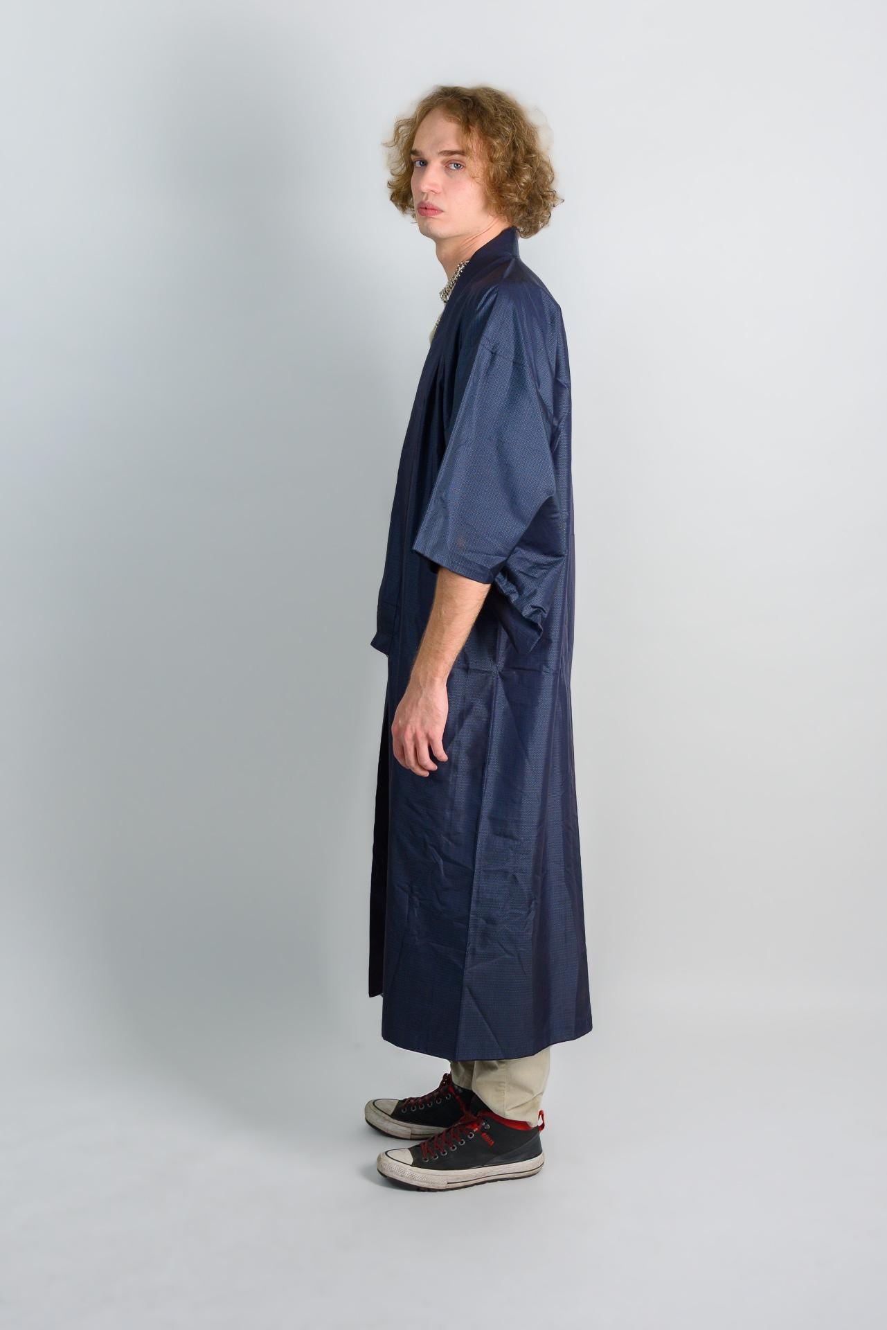Handmade Japanese Kimono Robe: Navy Microcheck Boho Darkwear