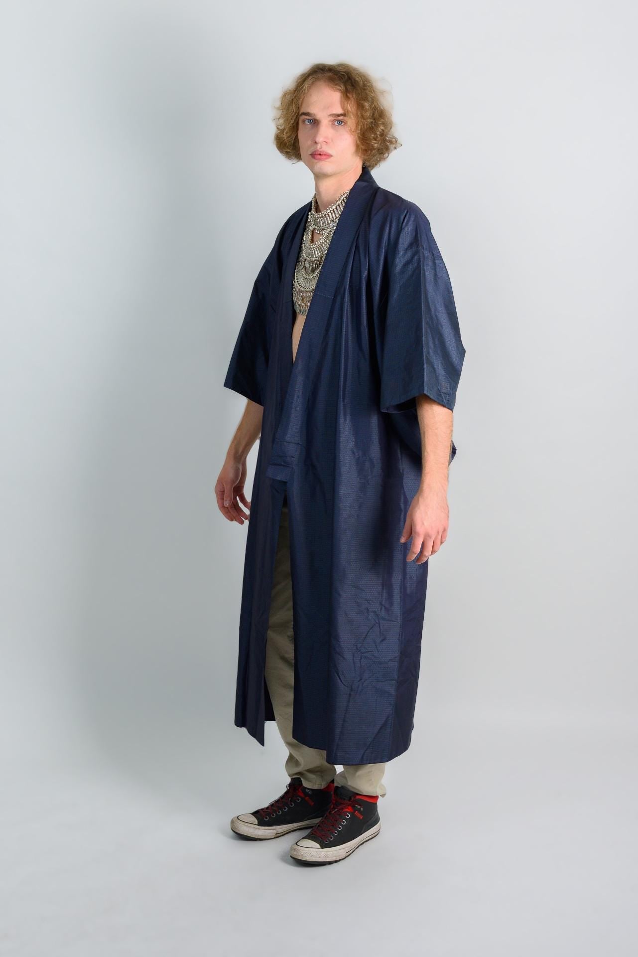 Handmade Japanese Kimono Robe: Navy Microcheck Boho Darkwear