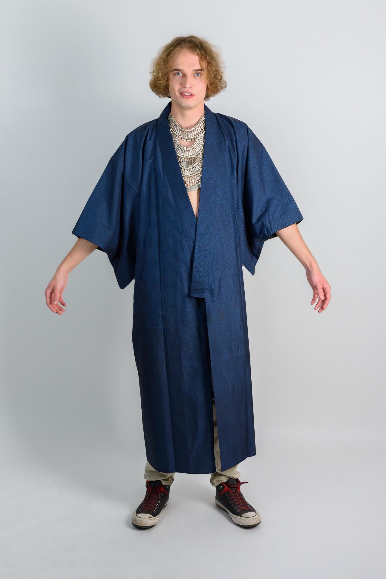 Handmade Indigo Kimono Robe: Japanese Minimalist Darkwear