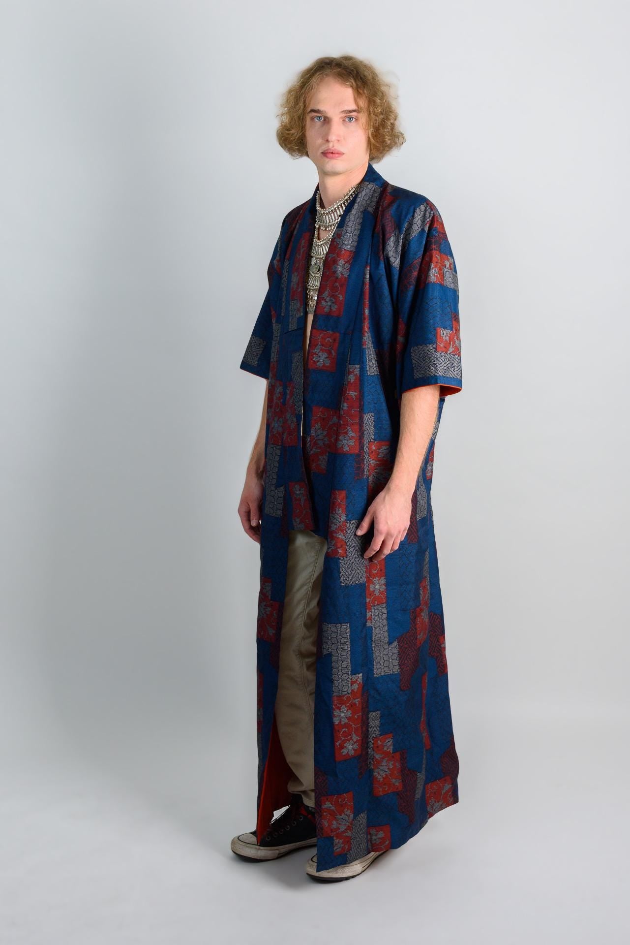 Handmade Japanese Kimono Robe: Indigo Block Print Boho Festival Wear