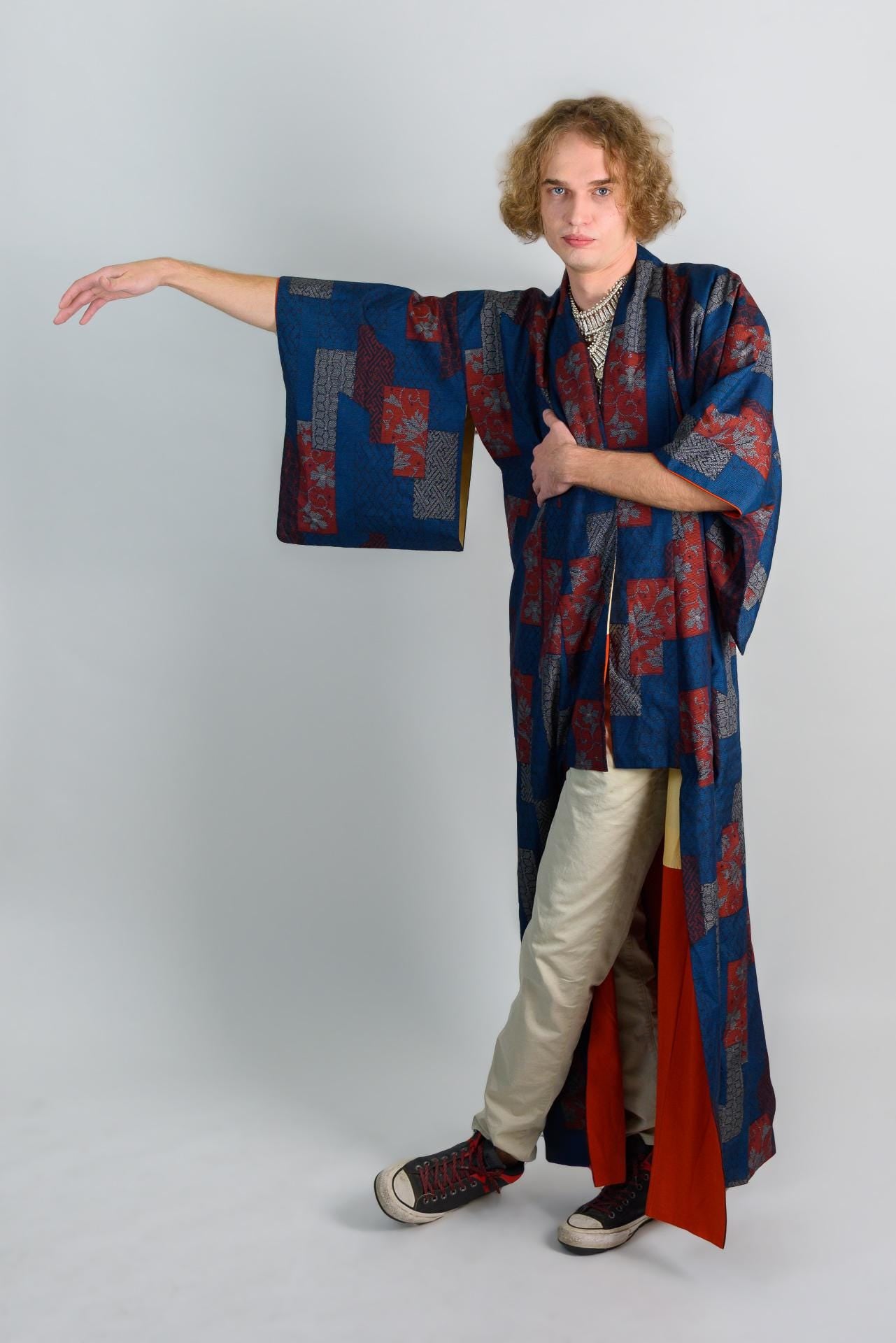 Handmade Japanese Kimono Robe: Indigo Block Print Boho Festival Wear