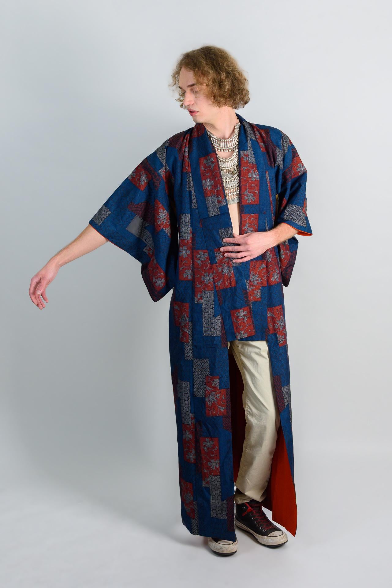 Handmade Japanese Kimono Robe: Indigo Block Print Boho Festival Wear