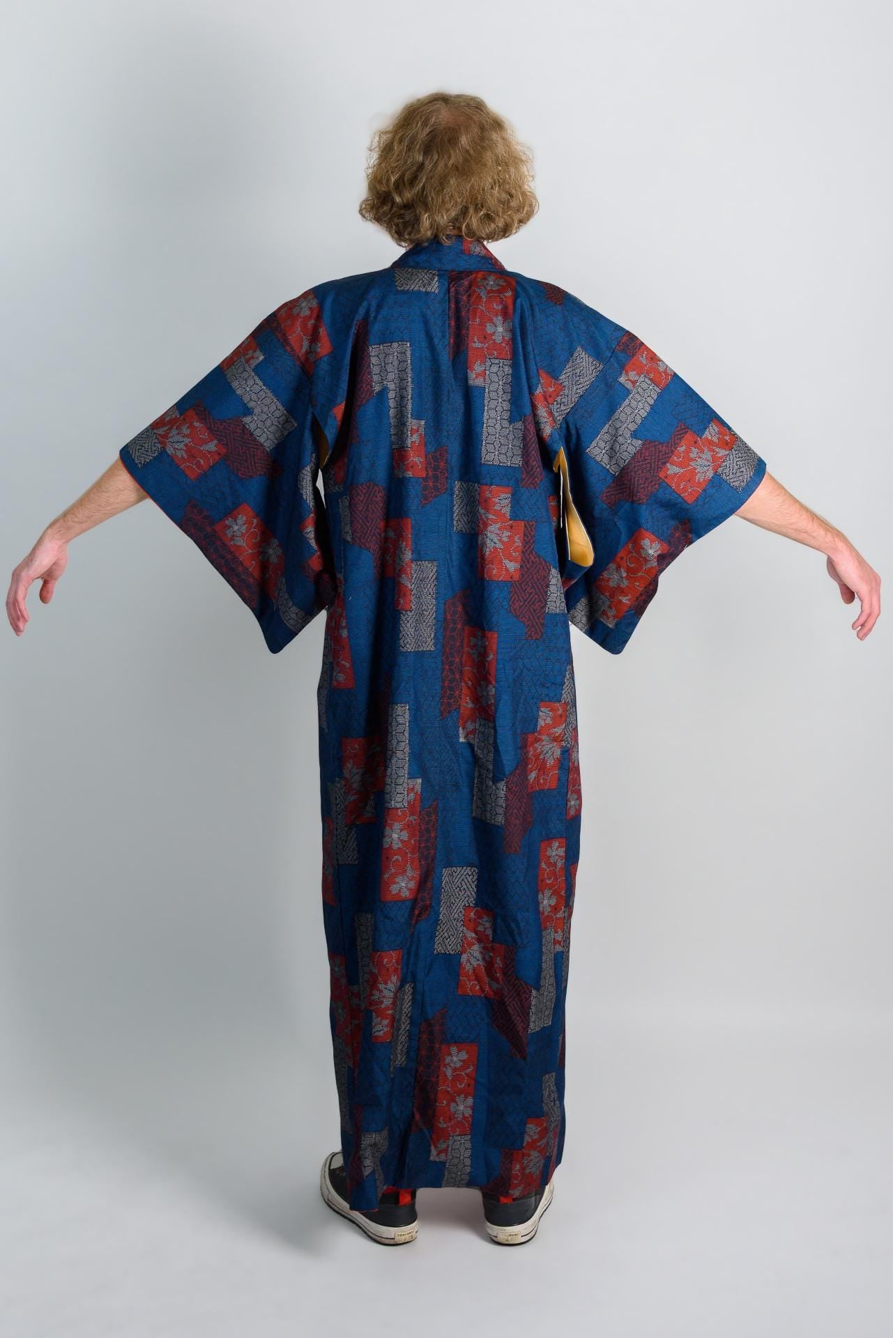 Handmade Japanese Kimono Robe: Indigo Block Print Boho Festival Wear