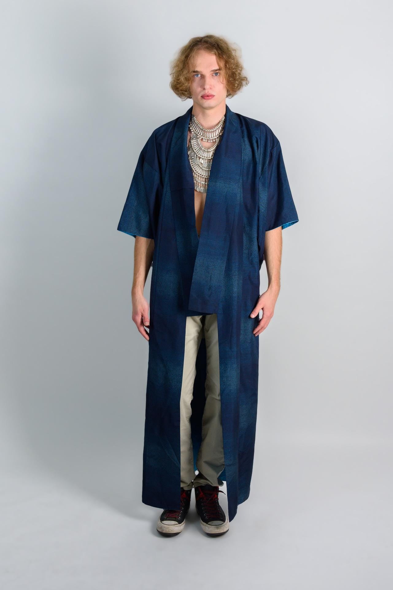 Handmade Indigo Mens Kimono Robe | Japanese Boho Festival Outfit