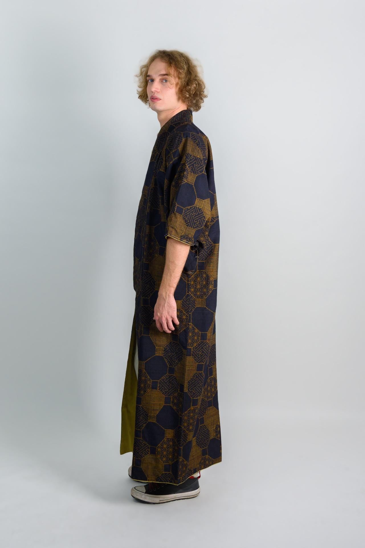Indigo Bronze Haori Jacket | Japanese Vintage Kimono | Unisex Boho Festival Coat | Geometric Print M28