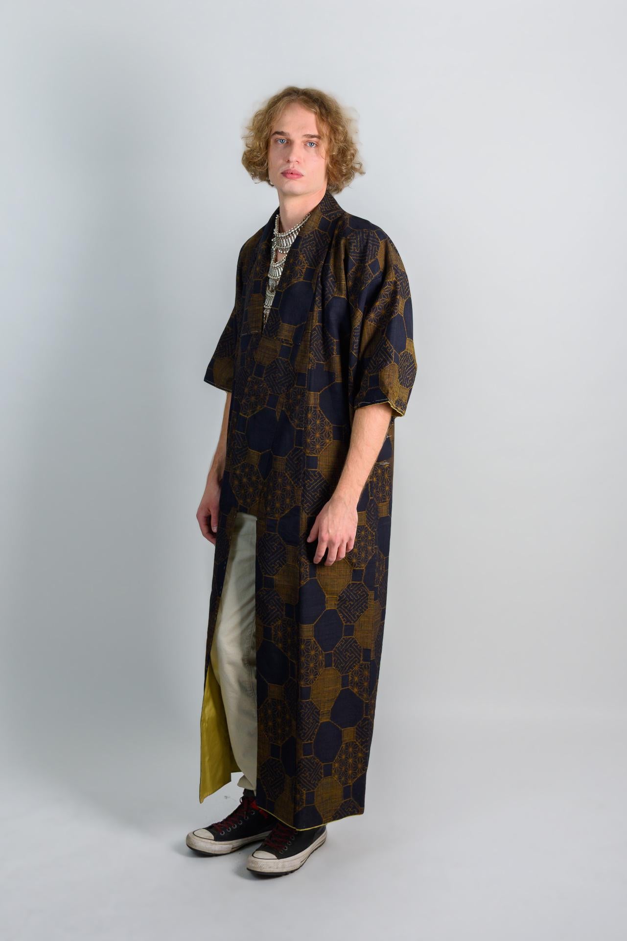Indigo Bronze Haori Jacket | Japanese Vintage Kimono | Unisex Boho Festival Coat | Geometric Print M28