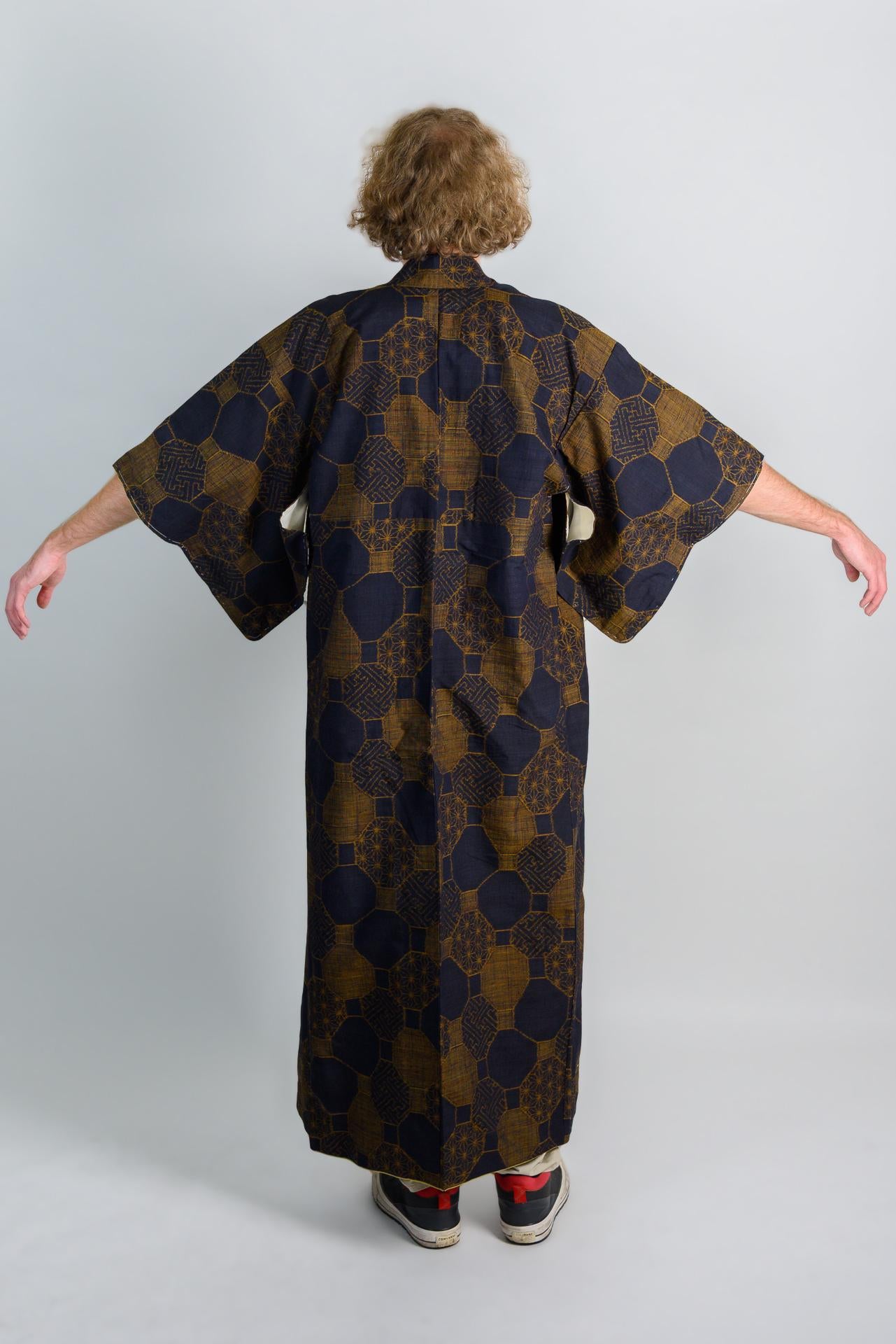 Indigo Bronze Haori Jacket | Japanese Vintage Kimono | Unisex Boho Festival Coat | Geometric Print M28