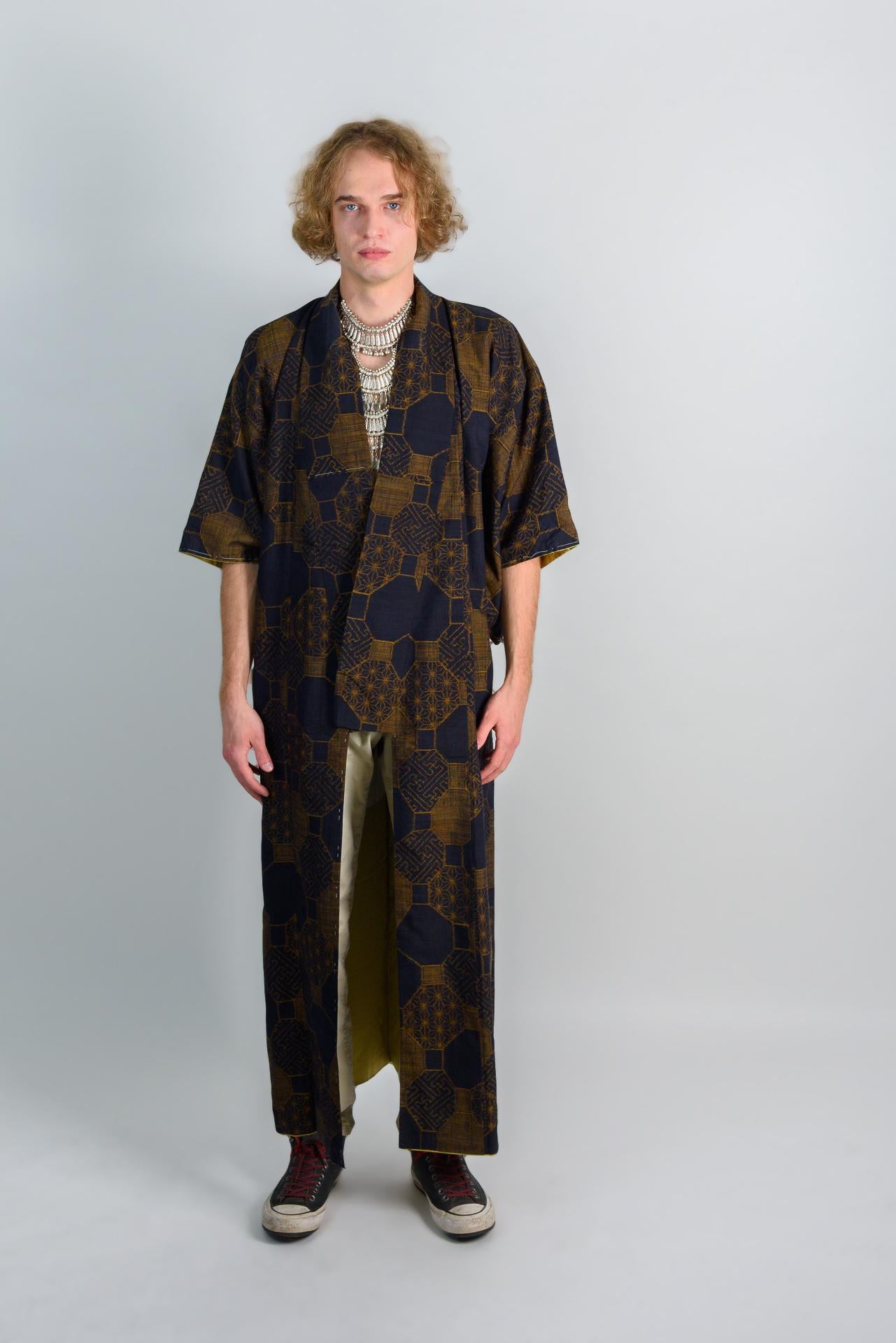 Indigo Bronze Haori Jacket | Japanese Vintage Kimono | Unisex Boho Festival Coat | Geometric Print M28