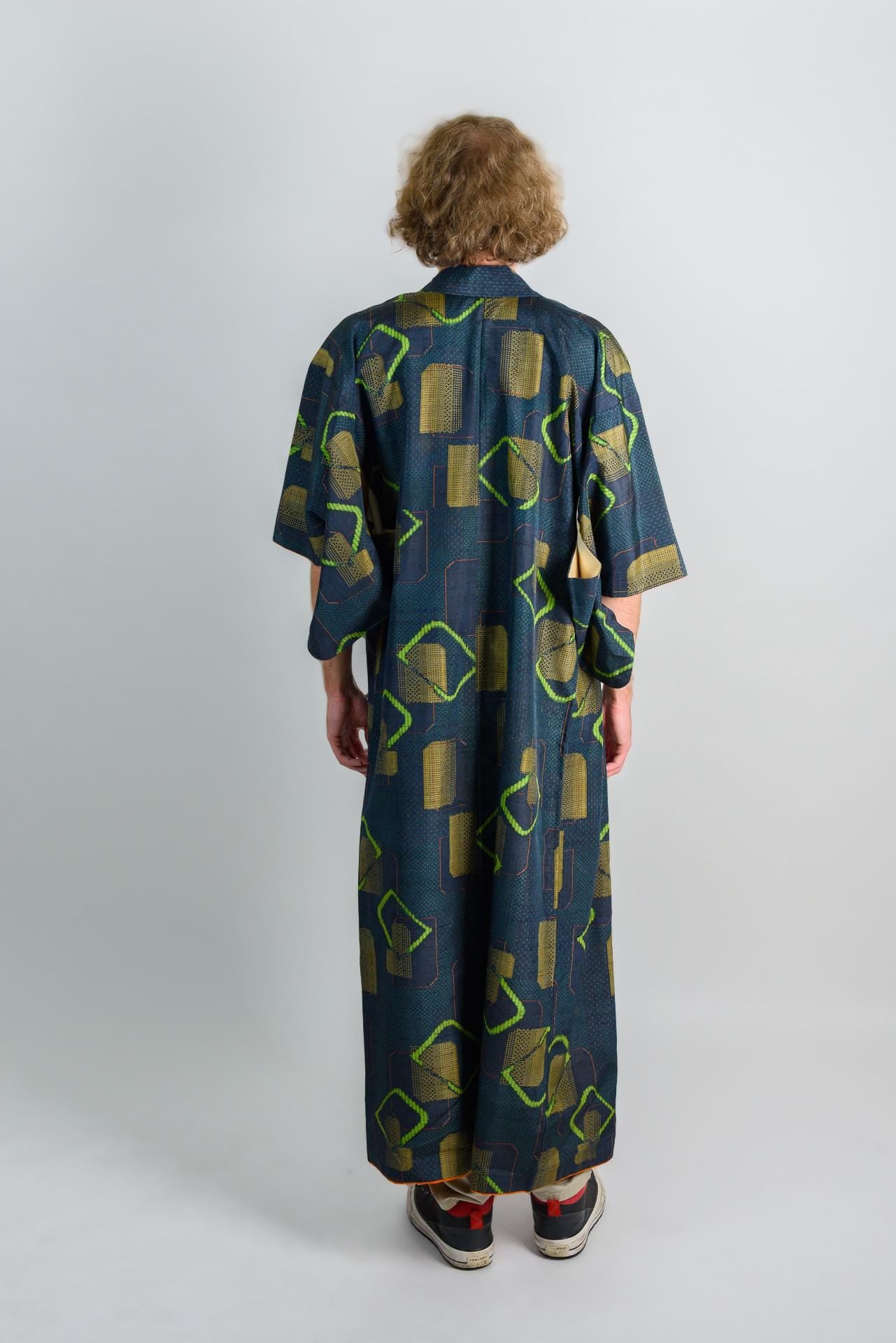 Geometric Print Kimono Robe: Japanese Streetwear, Handmade in Japan