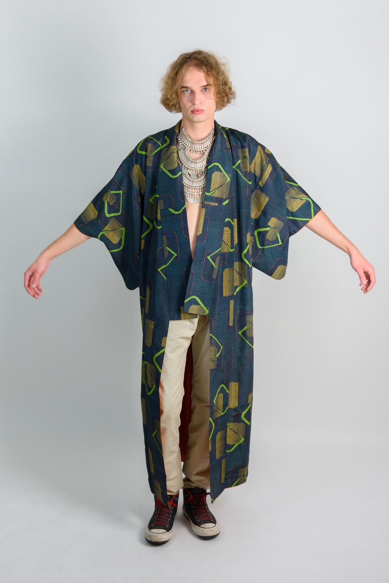 Geometric Print Kimono Robe: Japanese Streetwear, Handmade in Japan