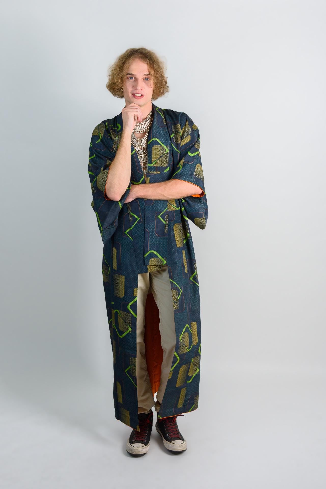 Geometric Print Kimono Robe: Japanese Streetwear, Handmade in Japan