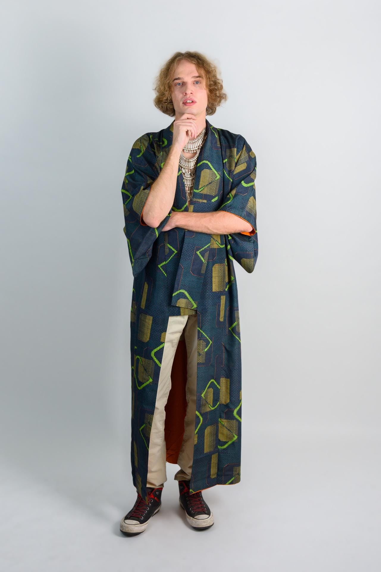 Geometric Print Kimono Robe: Japanese Streetwear, Handmade in Japan