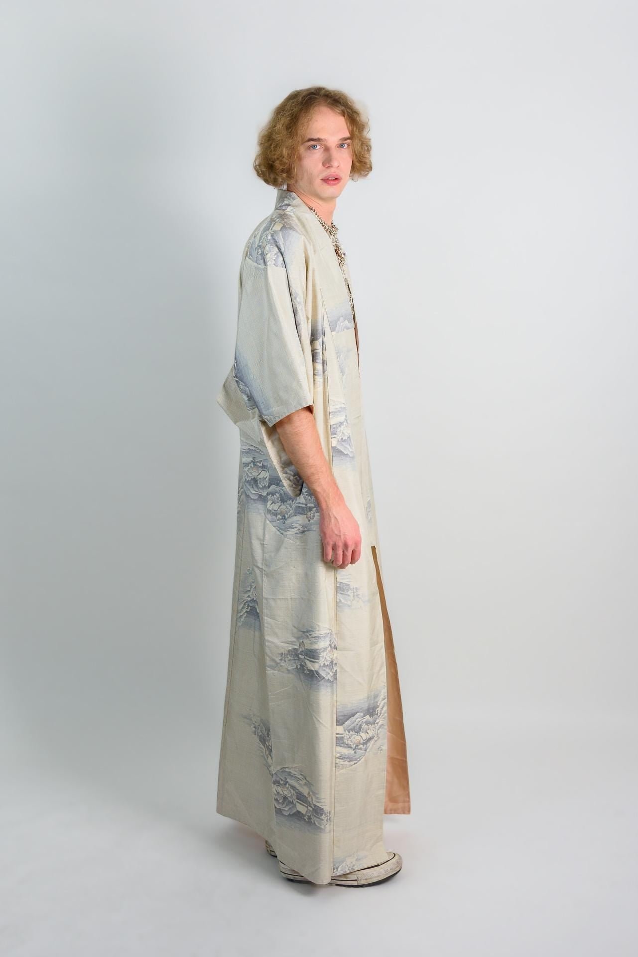 Handmade Japanese Kimono Robe: Ivory Mountain Print, Boho Festival Fashion