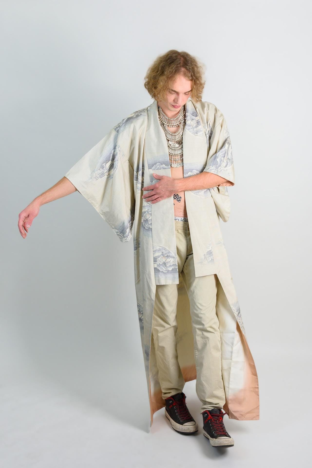 Handmade Japanese Kimono Robe: Ivory Mountain Print, Boho Festival Fashion
