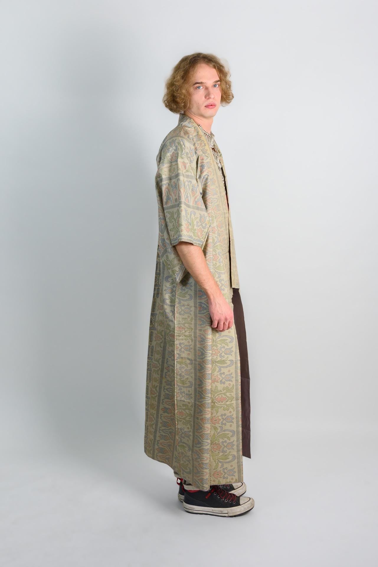 Damask Mens Kimono | Japanese Boho Robe, Earth Tones