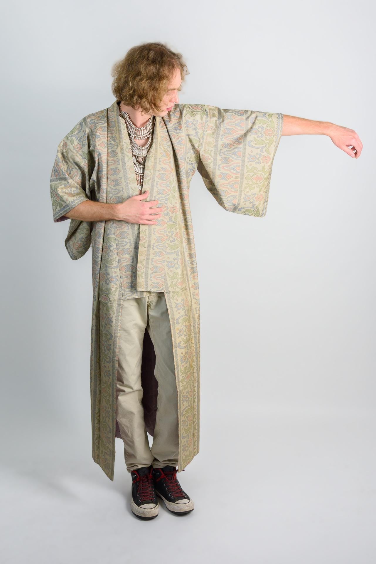 Damask Mens Kimono | Japanese Boho Robe, Earth Tones
