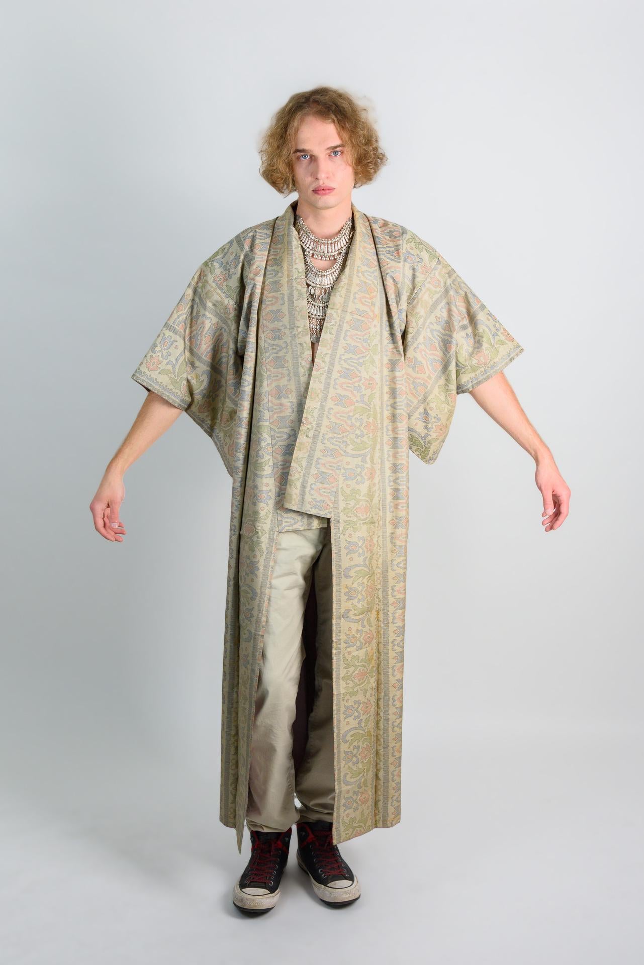 Damask Mens Kimono | Japanese Boho Robe, Earth Tones