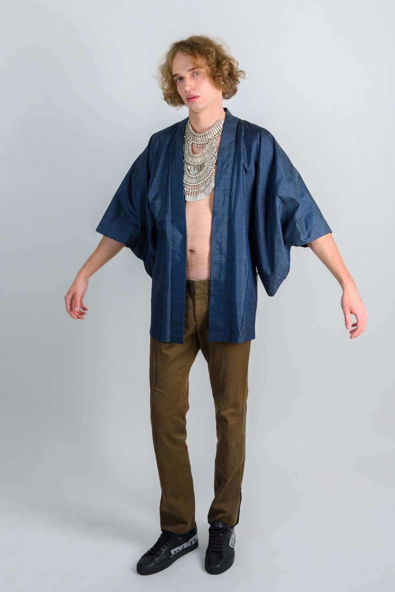 Indigo Grid Haori (羽織 – haori) – Men’s Japanese Urban Kimono Jacket