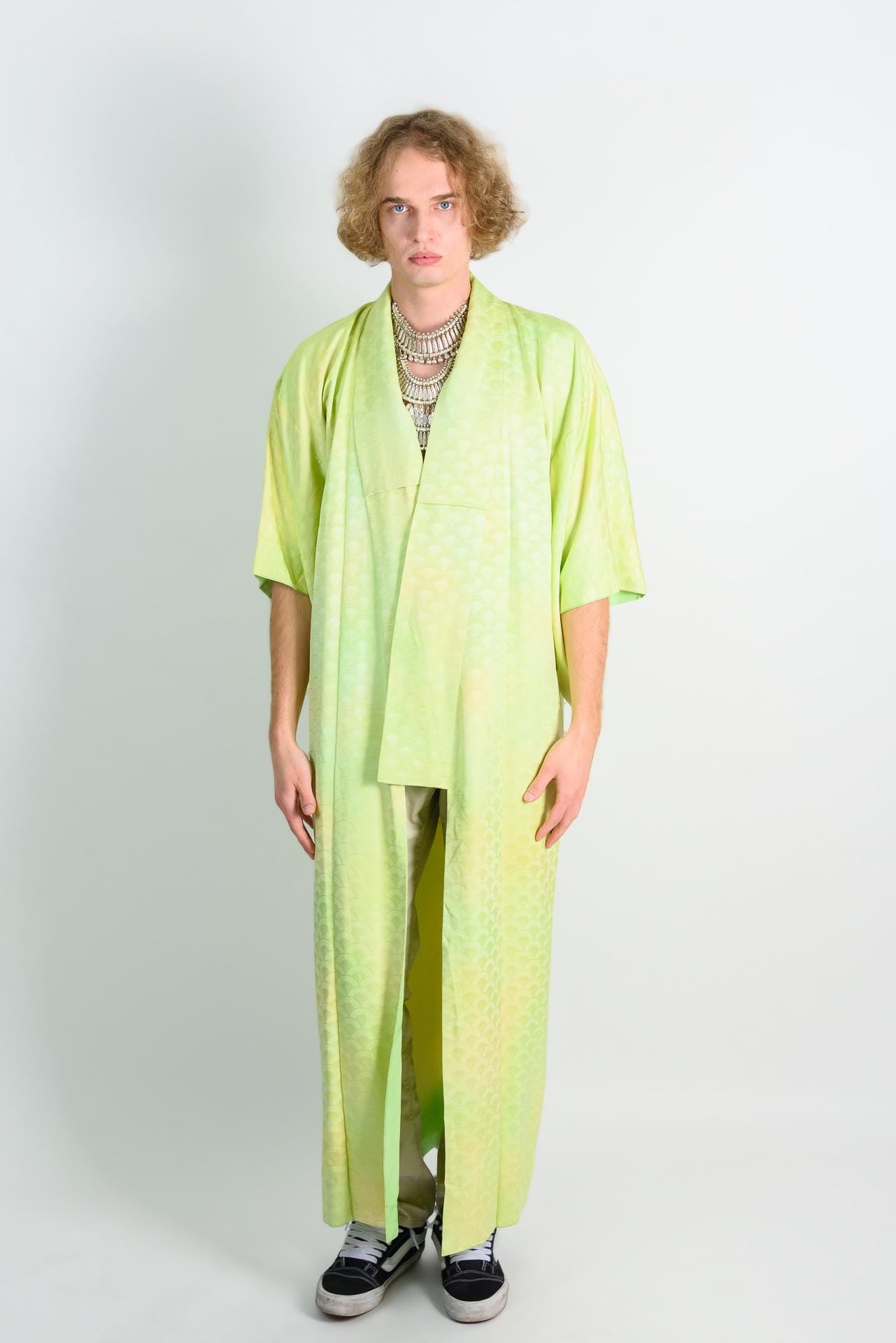 Handmade Silk Kimono Robe | Lime Green Wave Print, Japanese Boho Fashion
