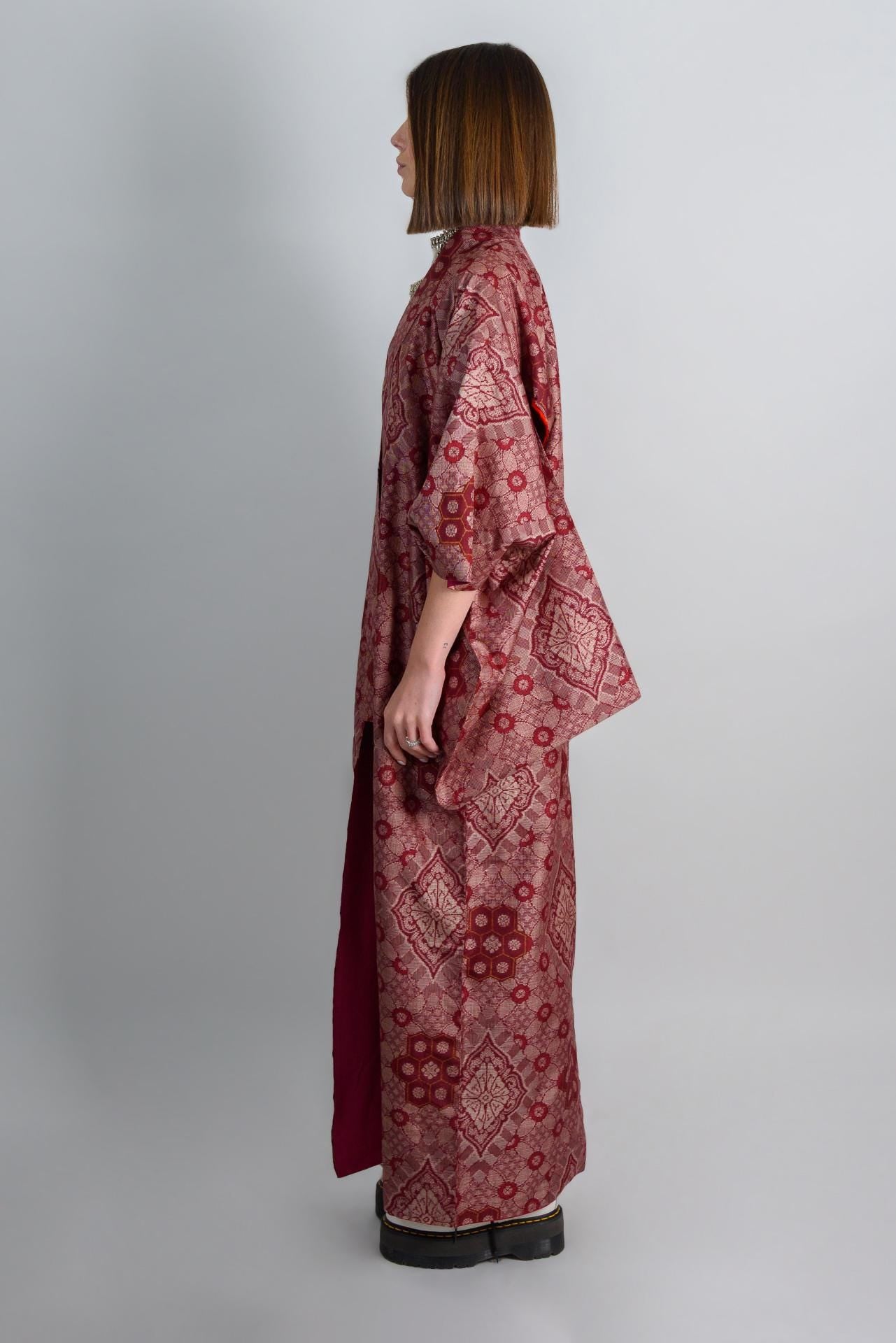 Handmade Crimson Silk Kimono: Japanese Boho Robe