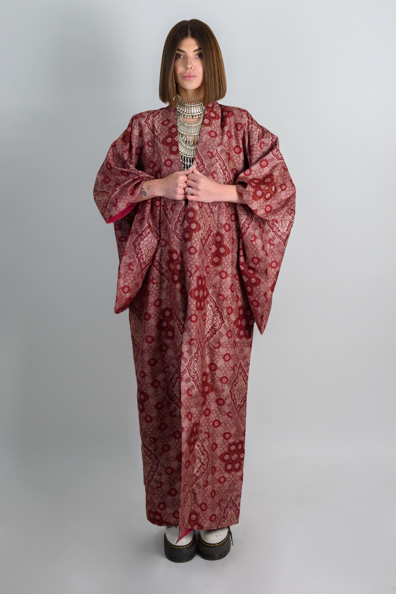 Handmade Crimson Silk Kimono: Japanese Boho Robe