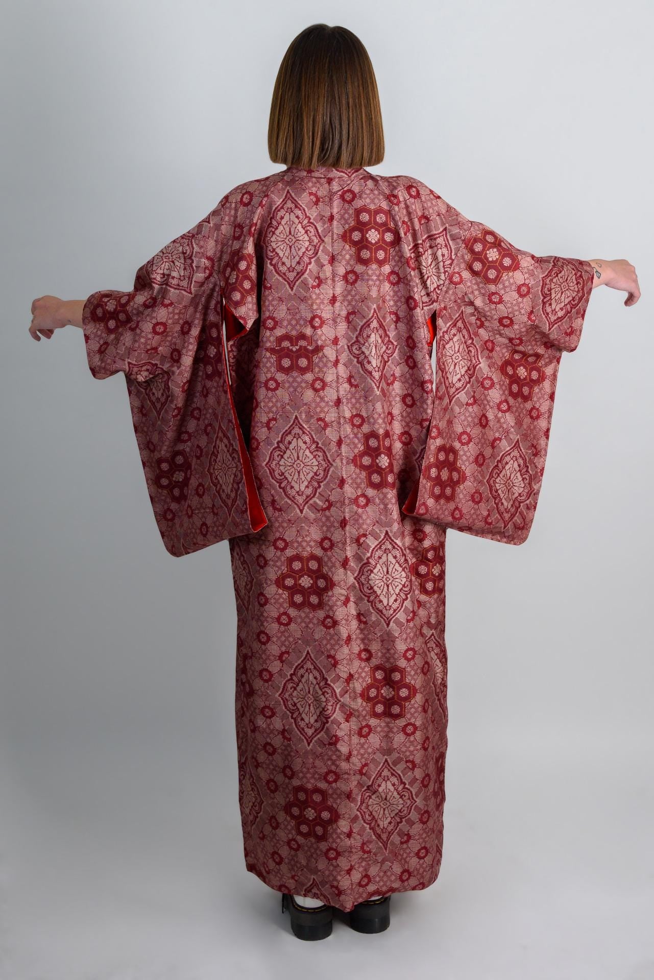 Handmade Crimson Silk Kimono: Japanese Boho Robe