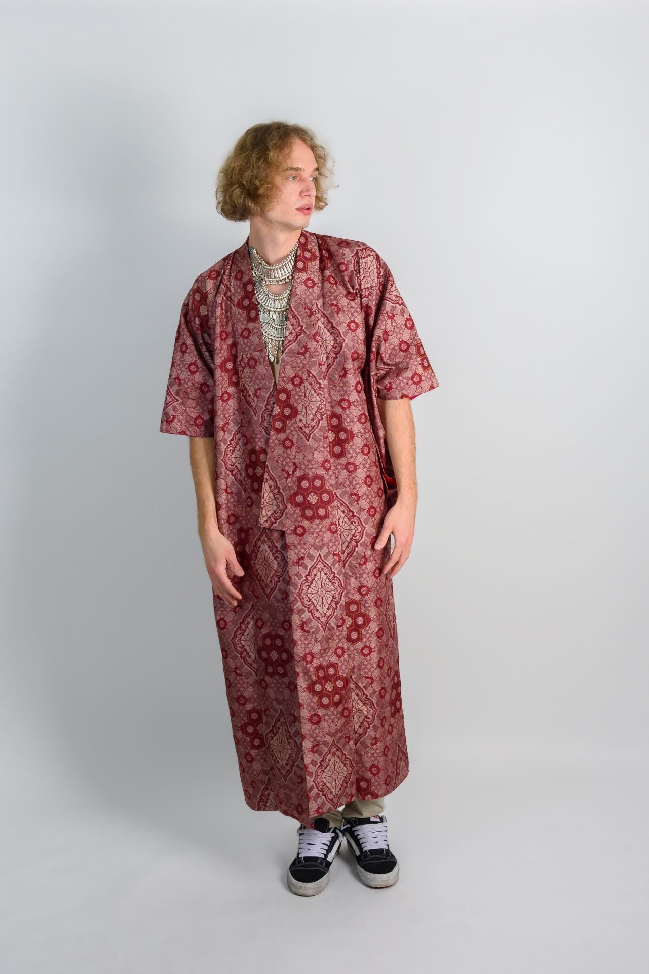 Handmade Crimson Silk Kimono: Japanese Boho Robe