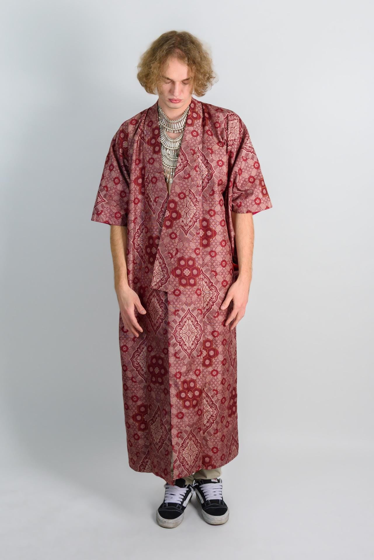 Handmade Crimson Silk Kimono: Japanese Boho Robe