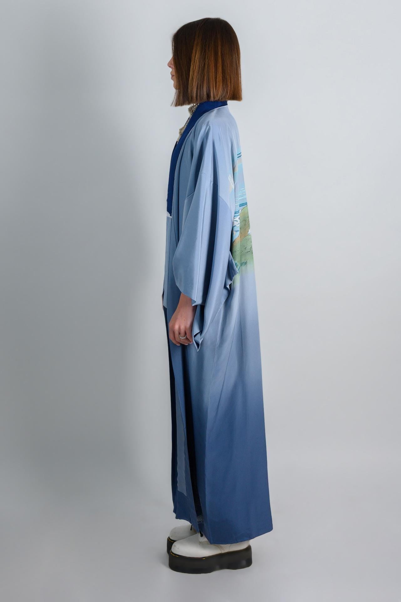 Handmade Silk Kimono Robe | Ukiyo-e Mount Fuji Print, Japanese Clothing