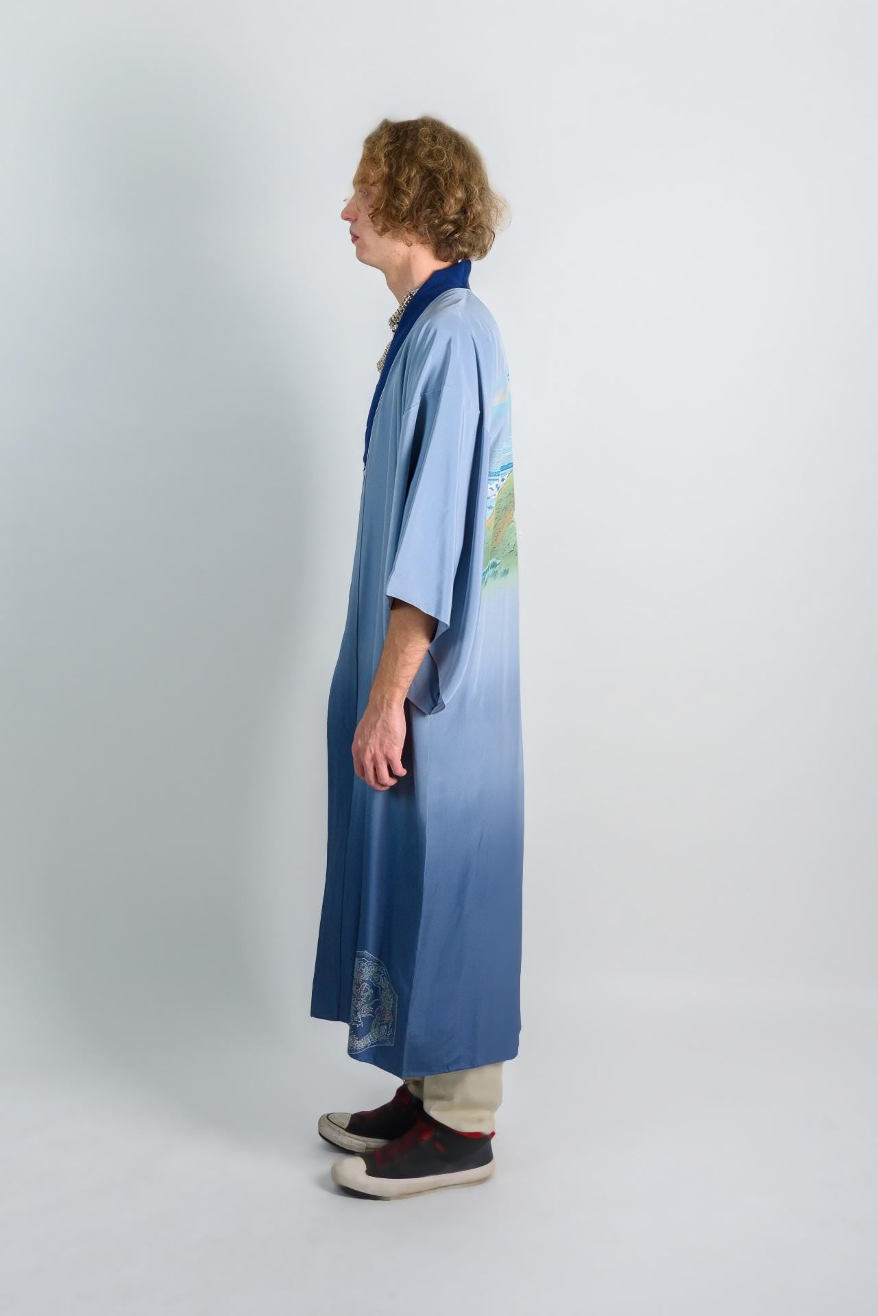 Handmade Silk Kimono Robe | Ukiyo-e Mount Fuji Print, Japanese Clothing
