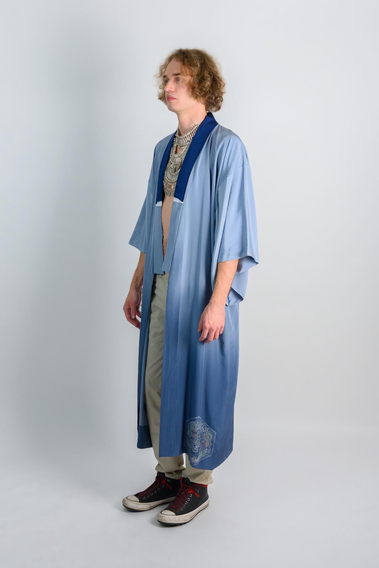 Handmade Silk Kimono Robe | Ukiyo-e Mount Fuji Print, Japanese Clothing