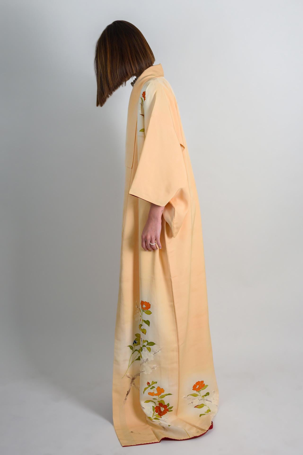 Handmade Silk Kimono Robe: Peach Floral Duster, Japanese Geisha Style