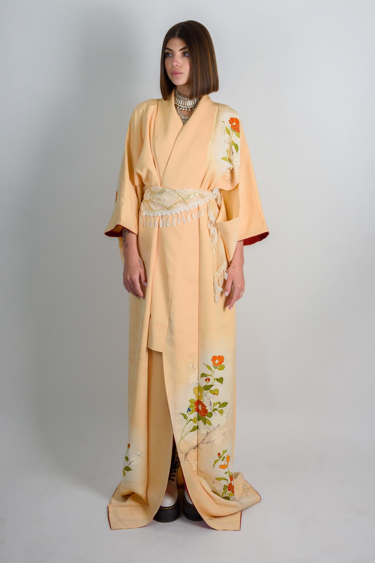 Handmade Silk Kimono Robe: Peach Floral Duster, Japanese Geisha Style