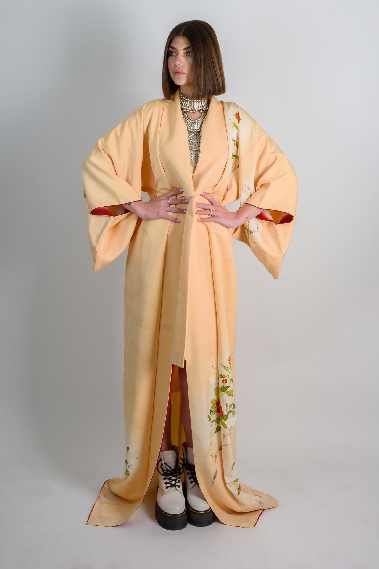 Handmade Silk Kimono Robe: Peach Floral Duster, Japanese Geisha Style