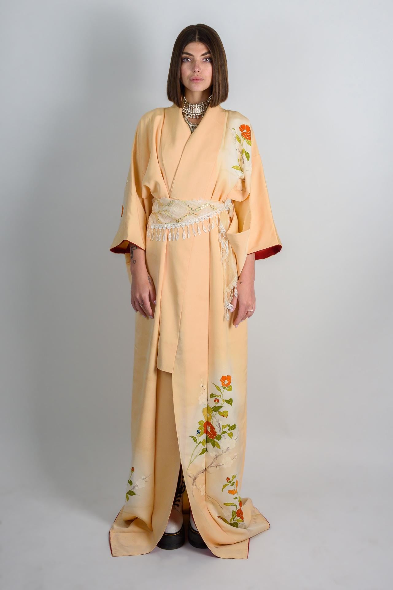 Handmade Silk Kimono Robe: Peach Floral Duster, Japanese Geisha Style