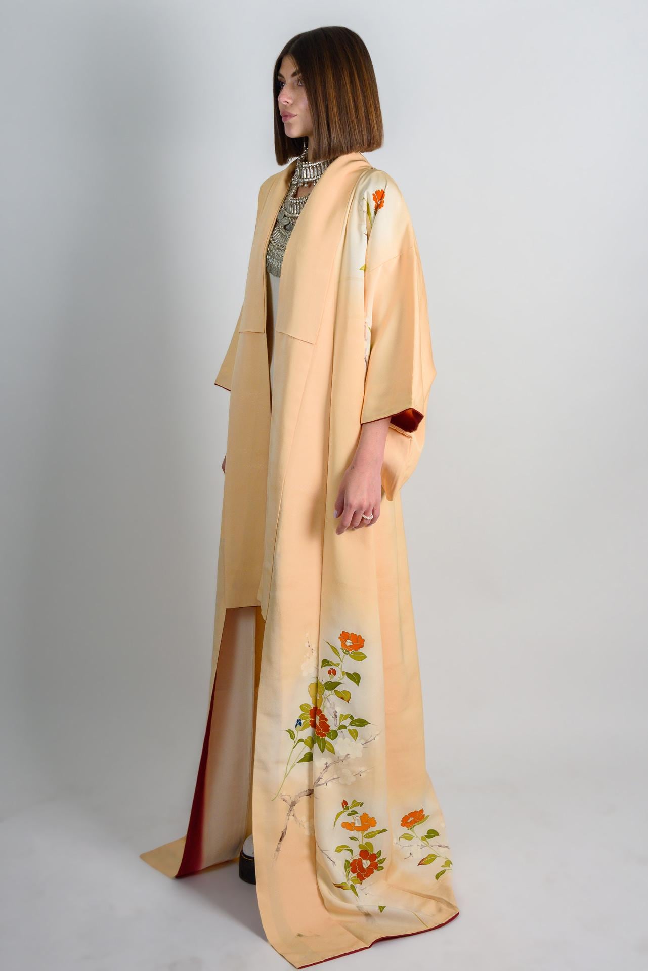 Handmade Silk Kimono Robe: Peach Floral Duster, Japanese Geisha Style