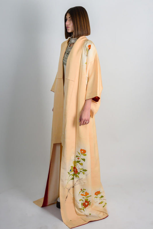 Handmade Silk Kimono Robe: Peach Floral Duster, Japanese Geisha Style