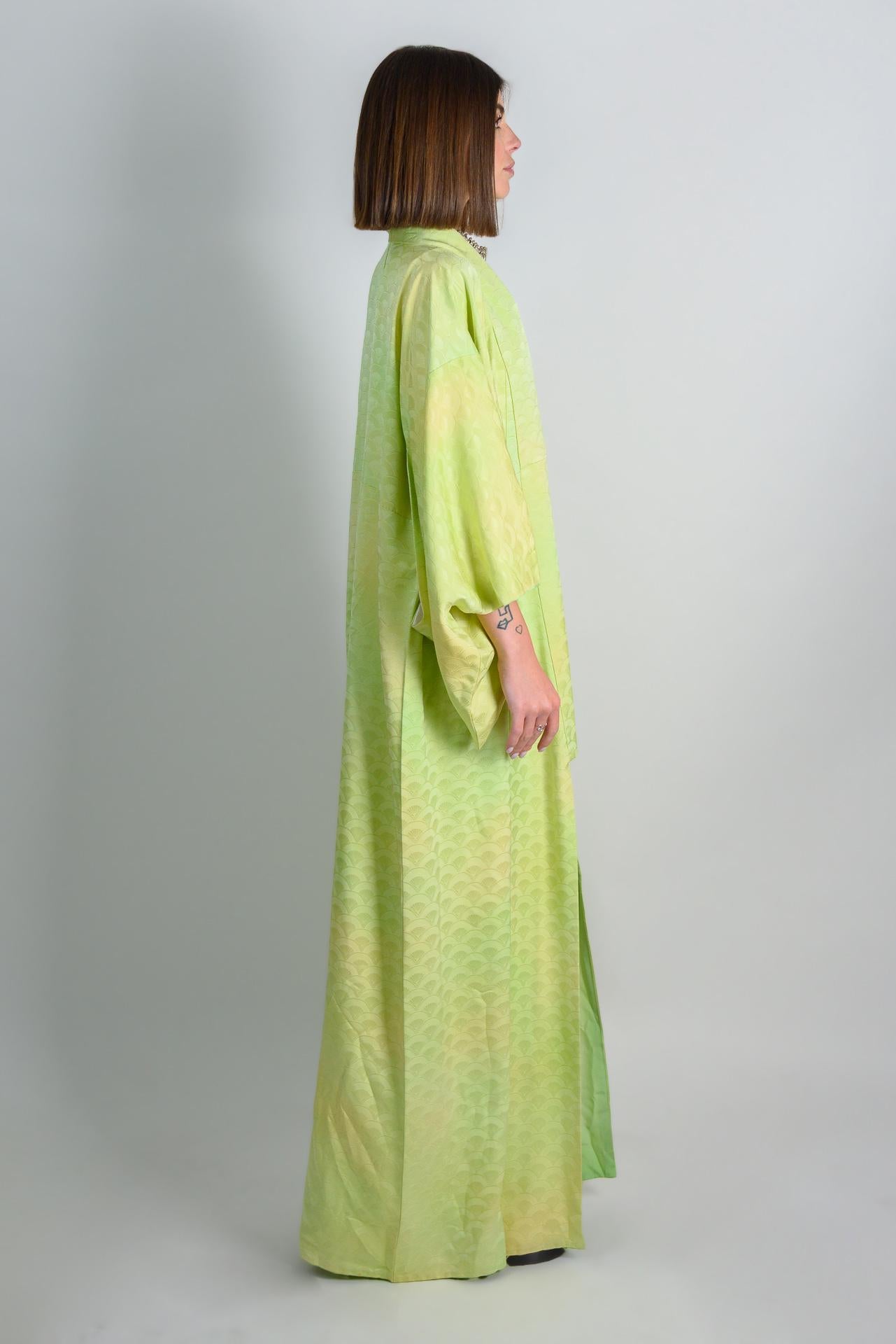 Handmade Silk Kimono Robe | Lime Green Wave Print, Japanese Boho Fashion