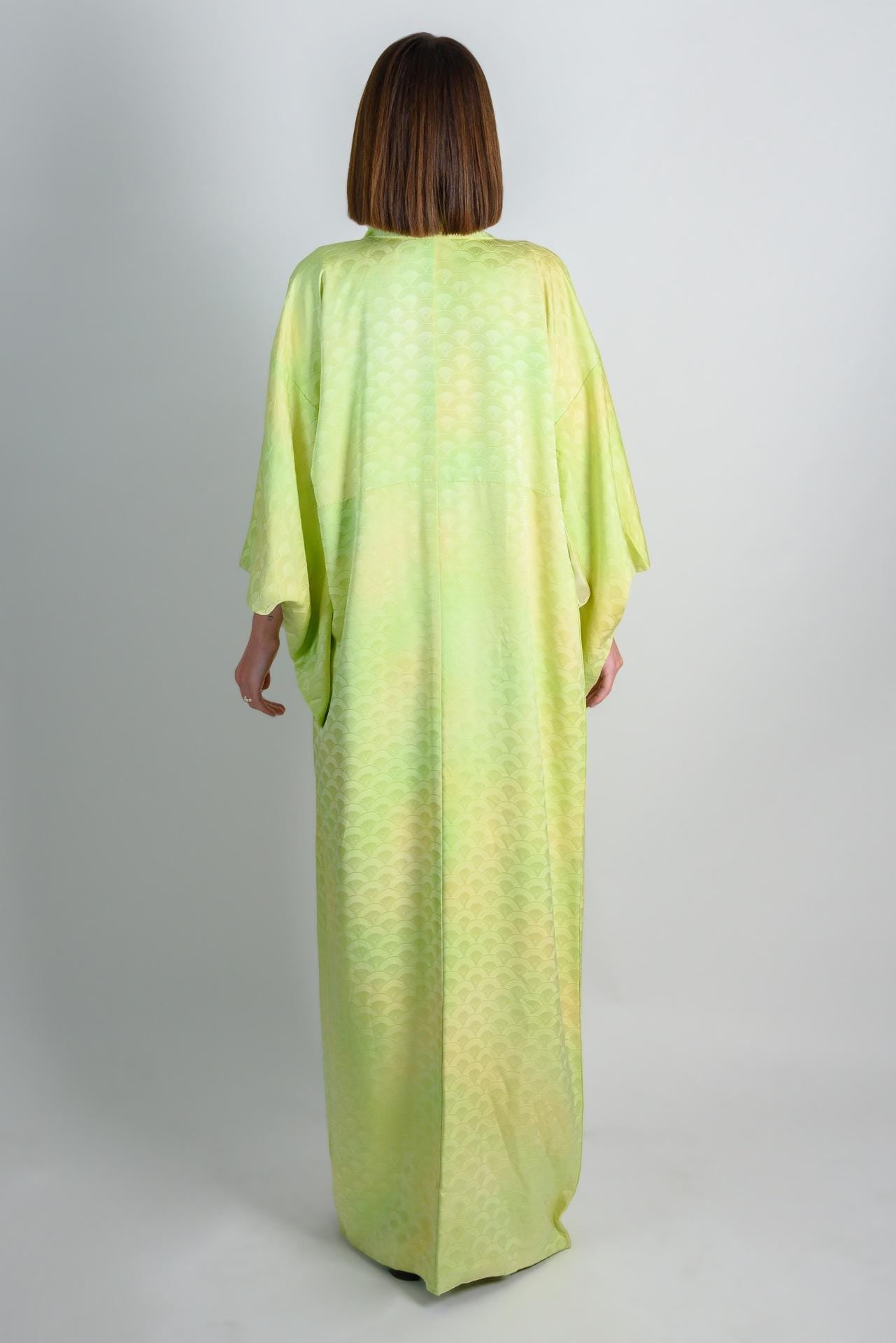 Handmade Silk Kimono Robe | Lime Green Wave Print, Japanese Boho Fashion