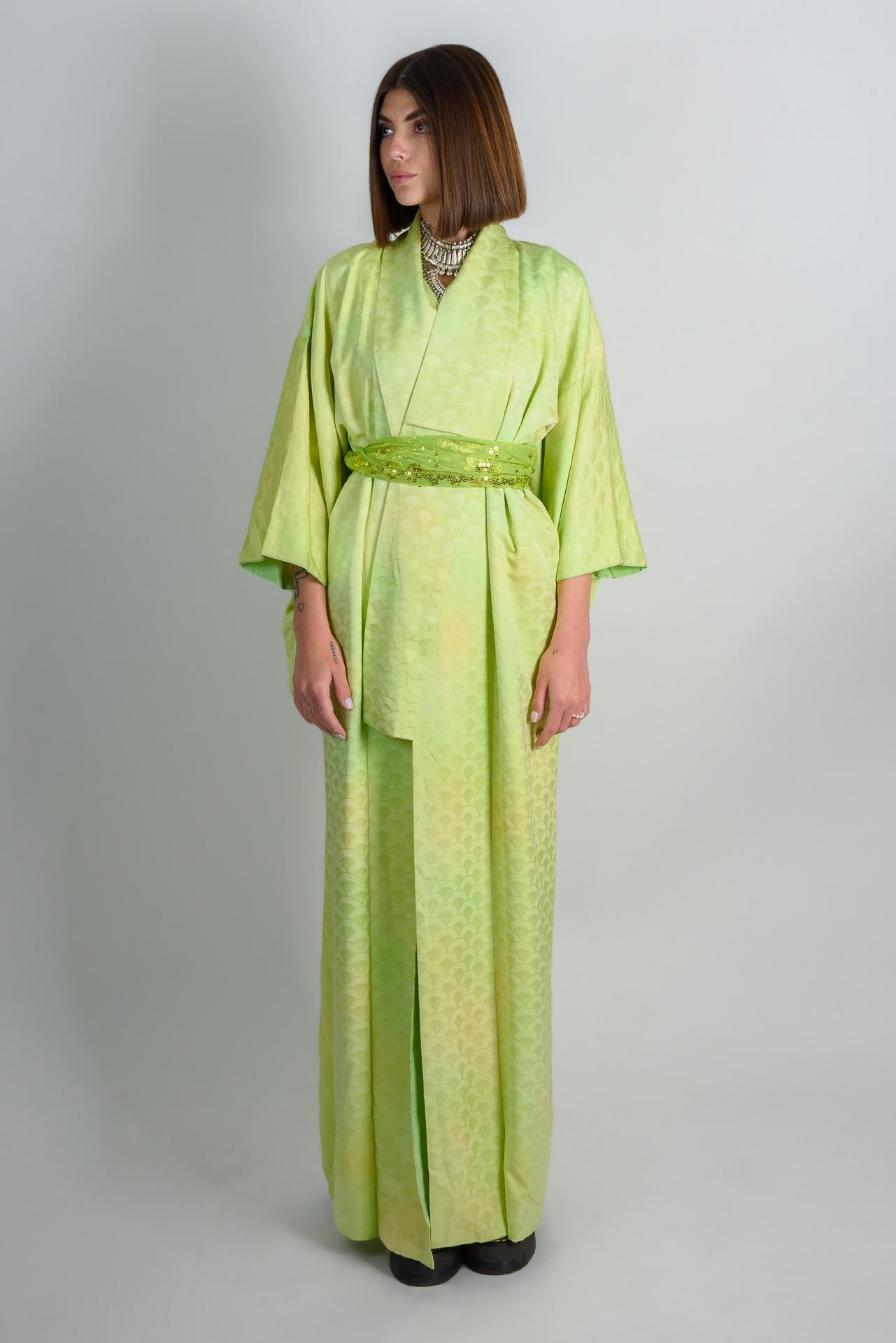 Handmade Silk Kimono Robe | Lime Green Wave Print, Japanese Boho Fashion