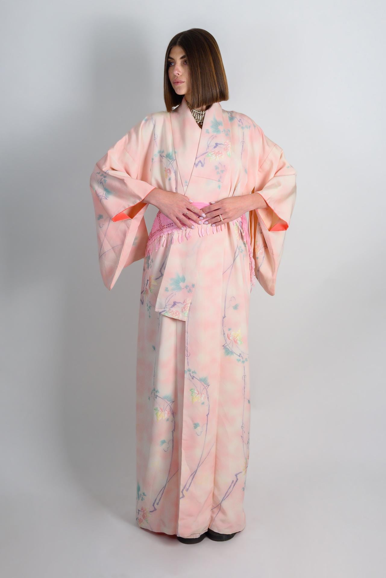 Handmade Silk Kimono Robe | Pastel Floral, Japanese Style