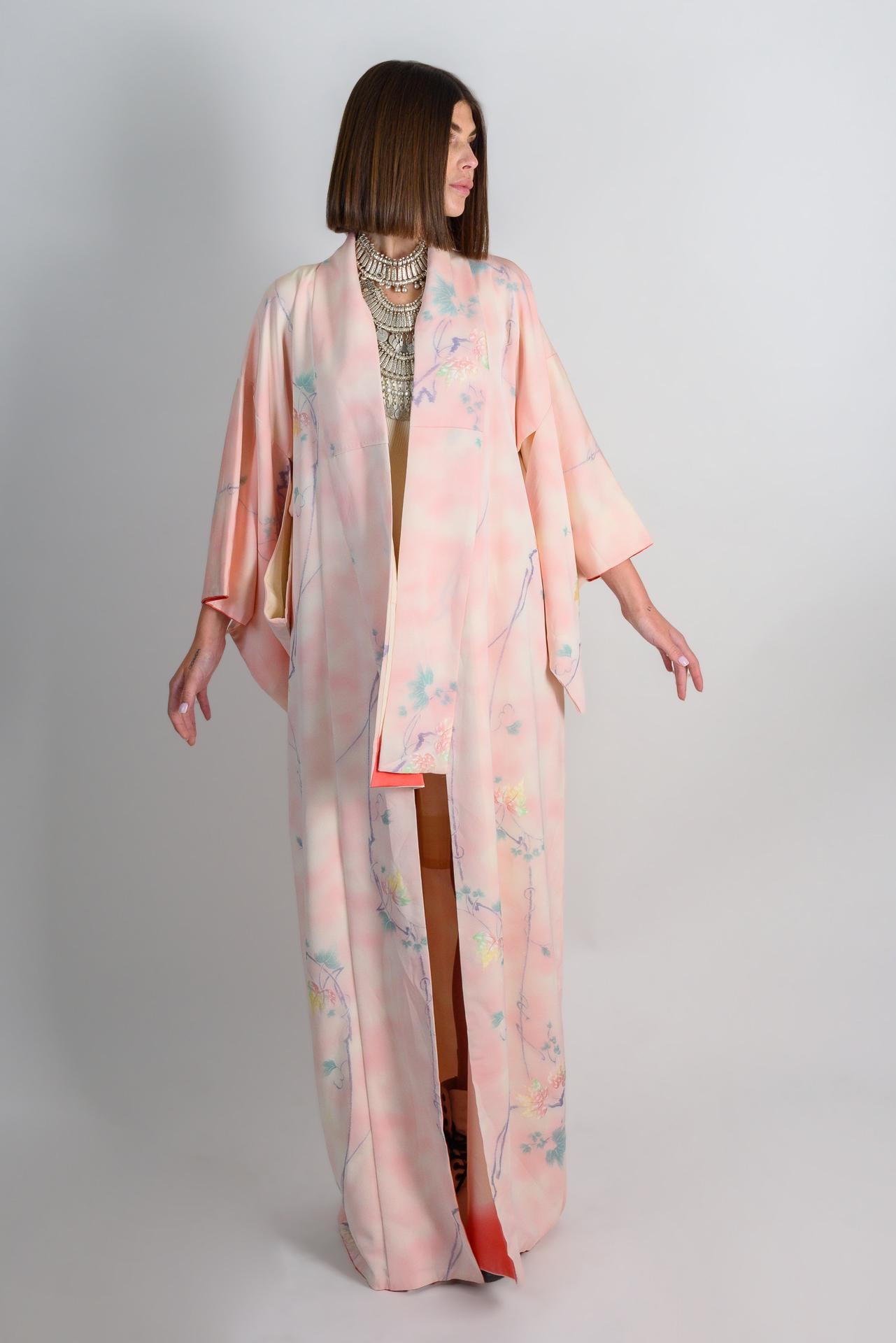 Handmade Silk Kimono Robe | Pastel Floral, Japanese Style