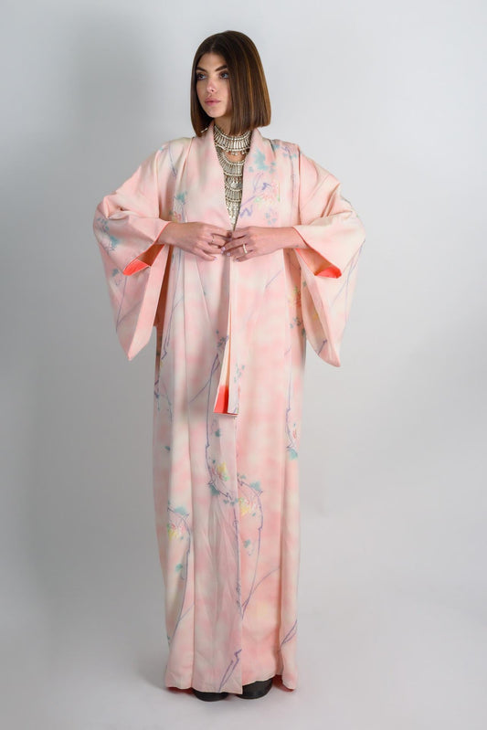 Handmade Silk Kimono Robe | Pastel Floral, Japanese Style