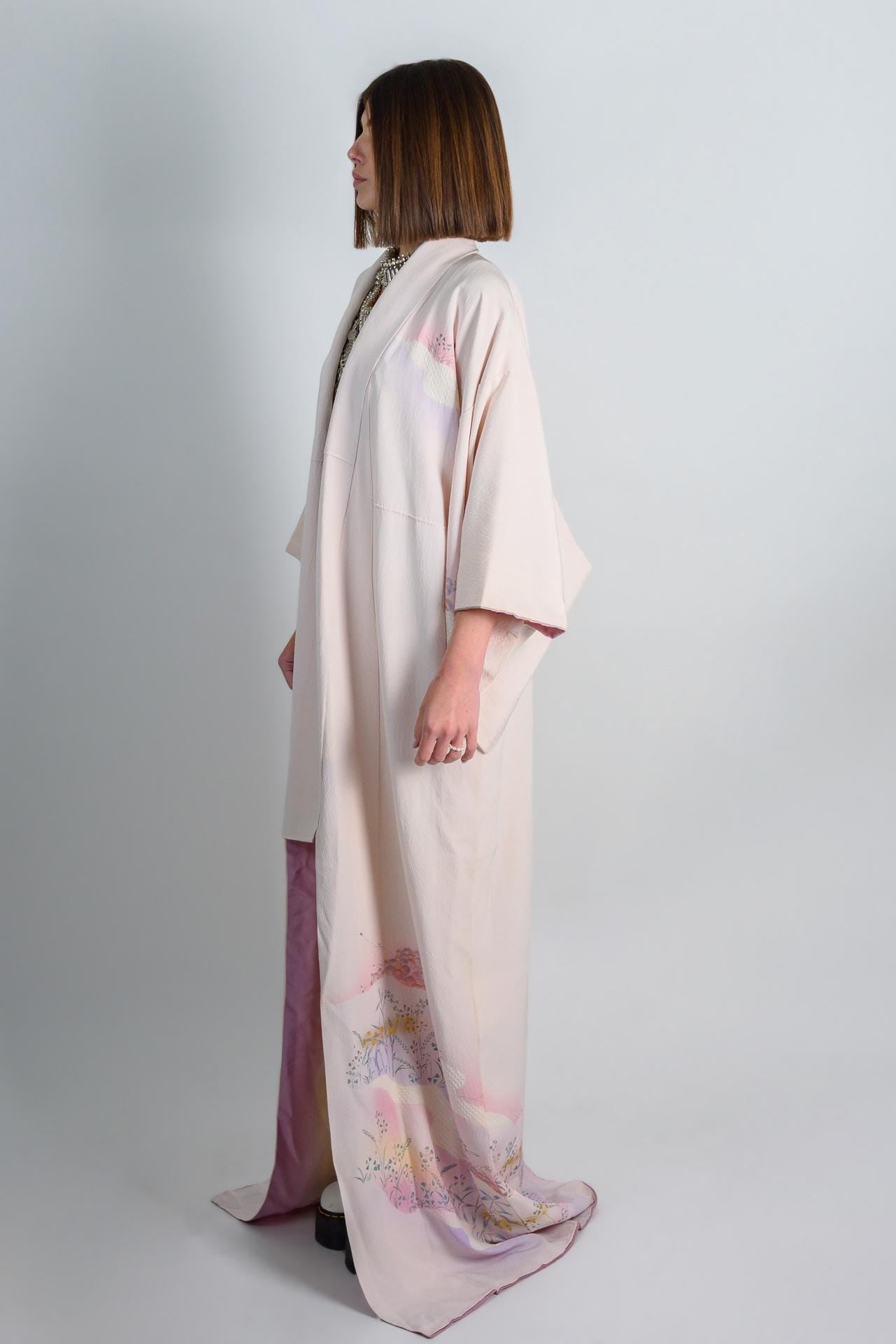 Silk Kimono Robe: Hand-Painted Japanese Landscape, Pastel Ethereal Style