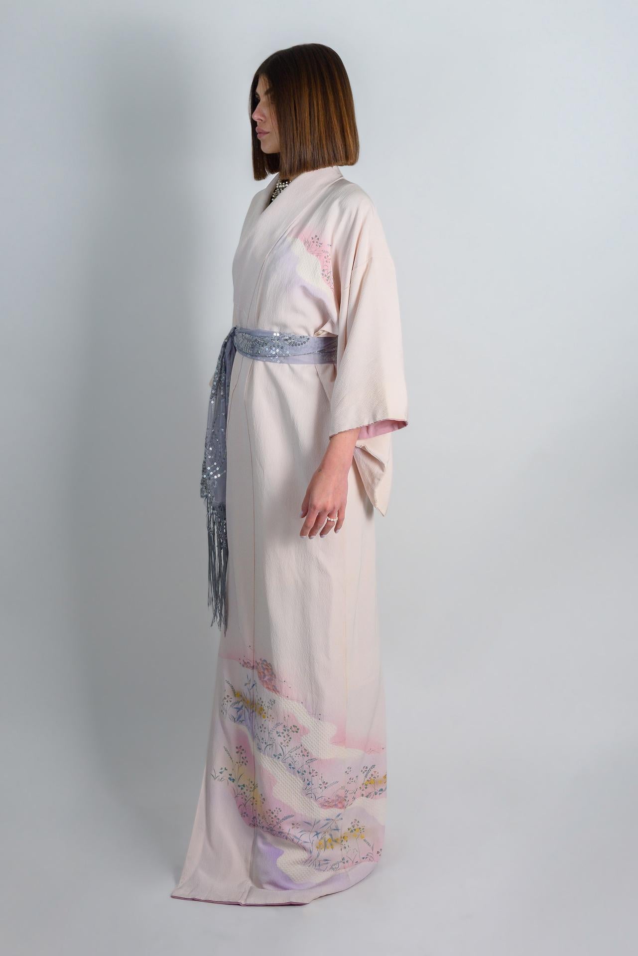 Silk Kimono Robe: Hand-Painted Japanese Landscape, Pastel Ethereal Style