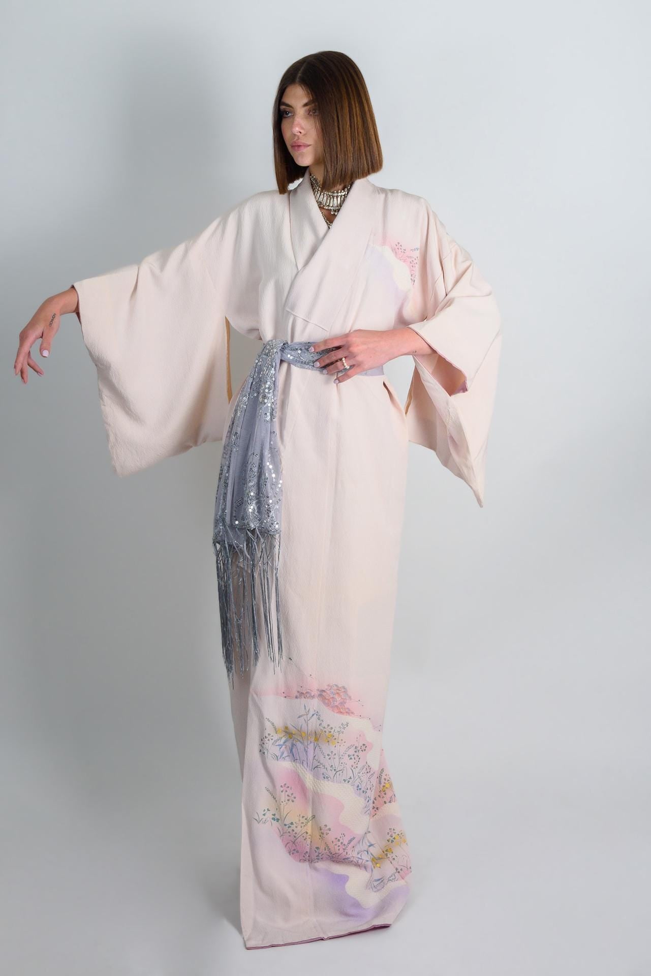 Silk Kimono Robe: Hand-Painted Japanese Landscape, Pastel Ethereal Style
