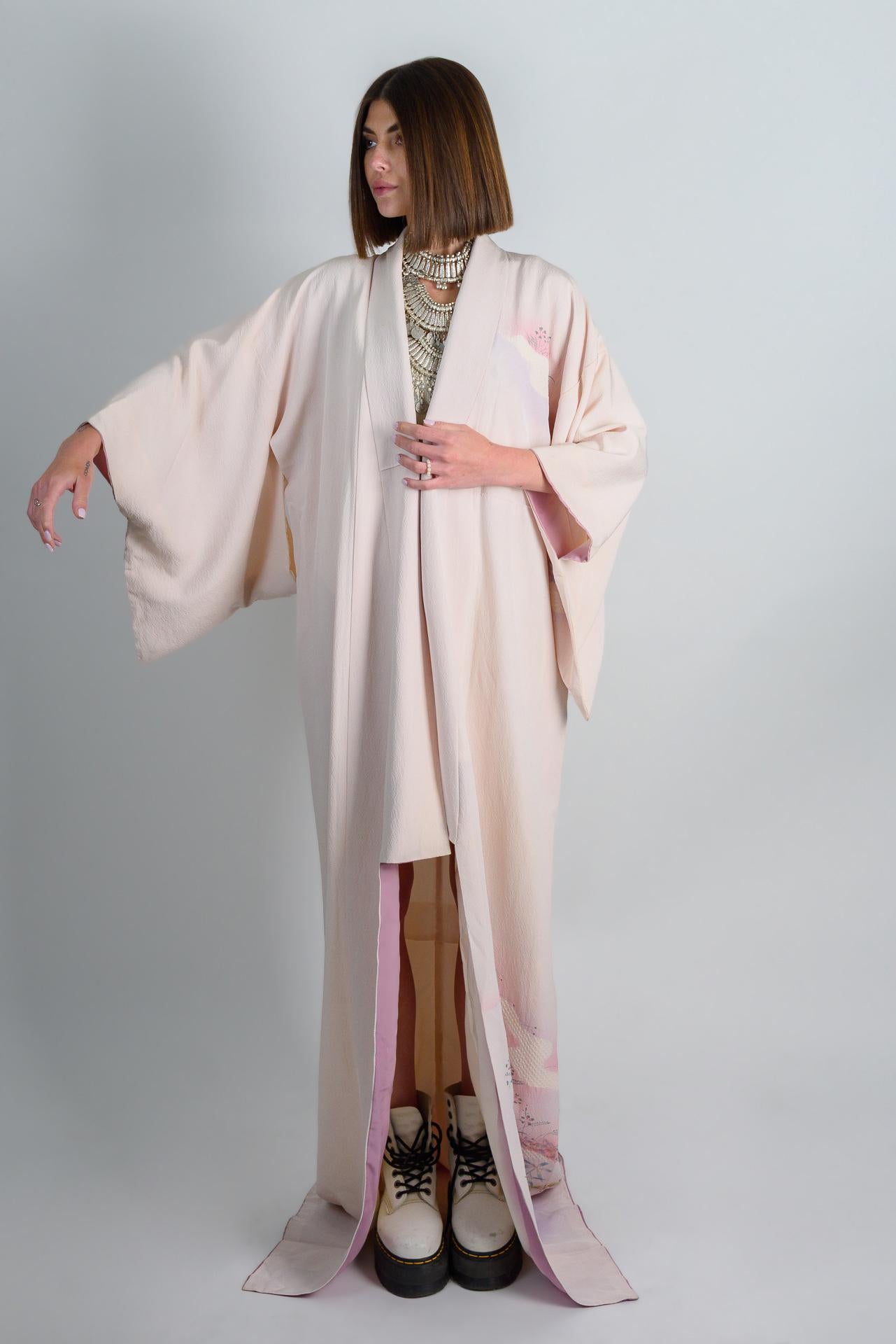 Silk Kimono Robe: Hand-Painted Japanese Landscape, Pastel Ethereal Style