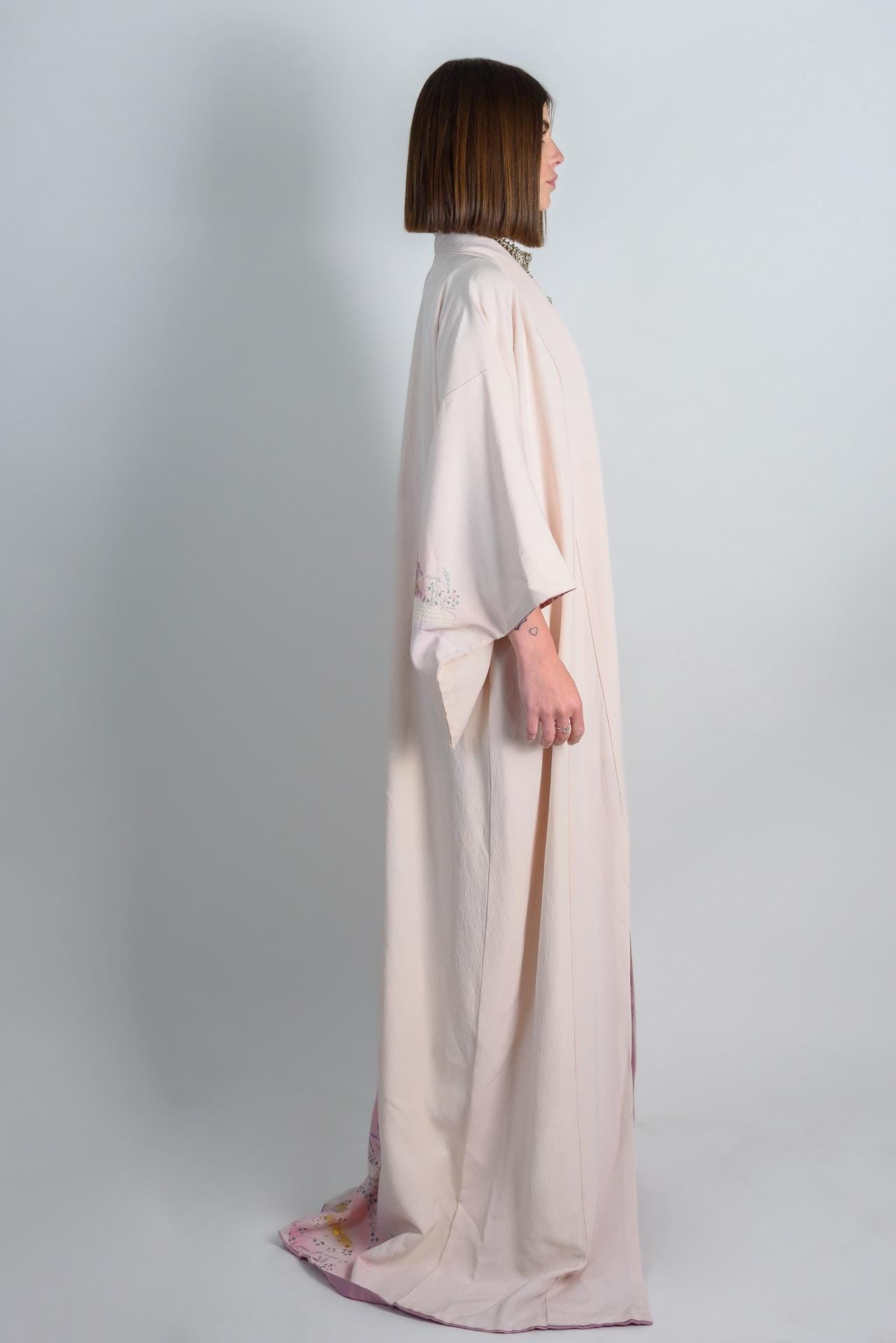 Silk Kimono Robe: Hand-Painted Japanese Landscape, Pastel Ethereal Style