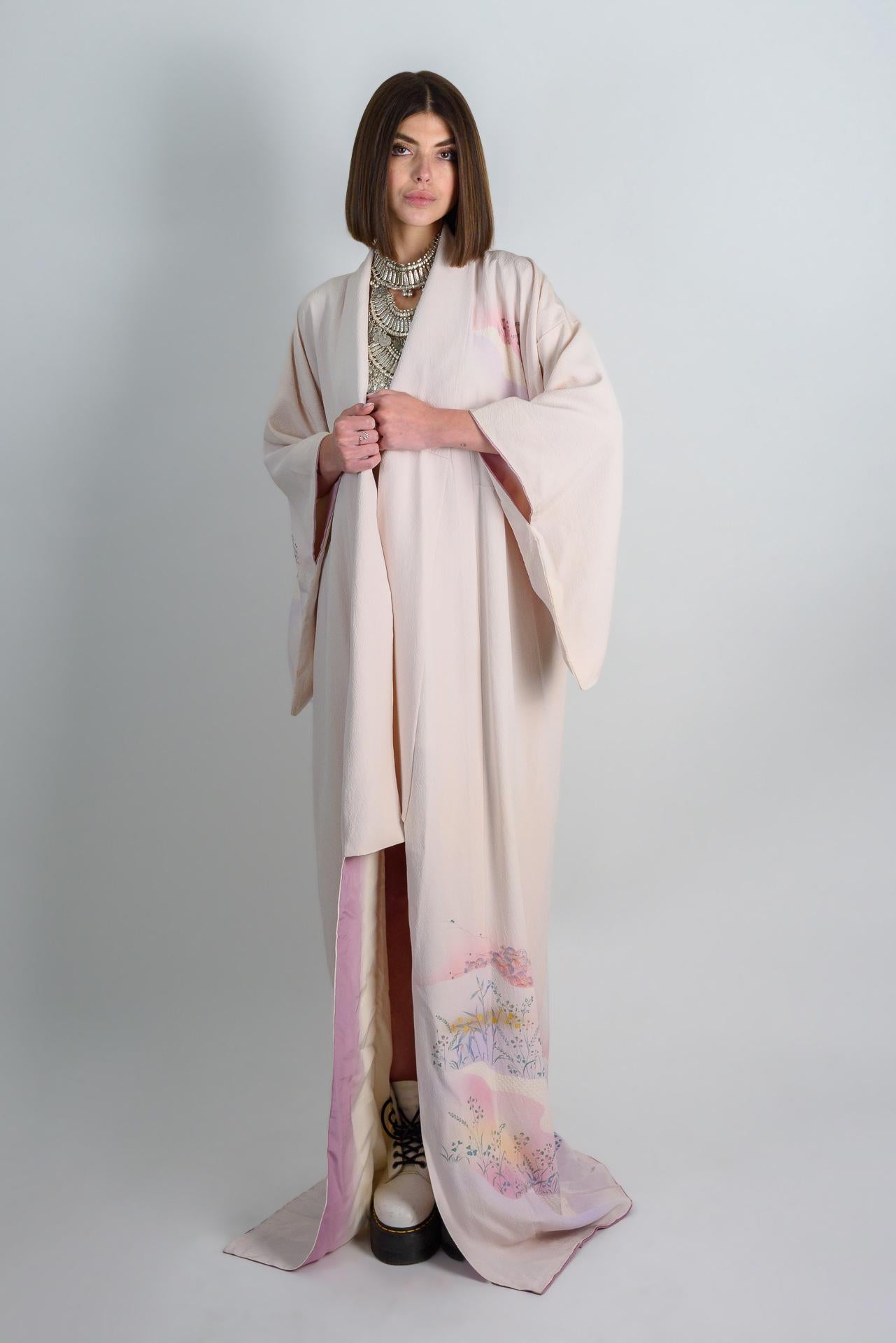 Silk Kimono Robe: Hand-Painted Japanese Landscape, Pastel Ethereal Style