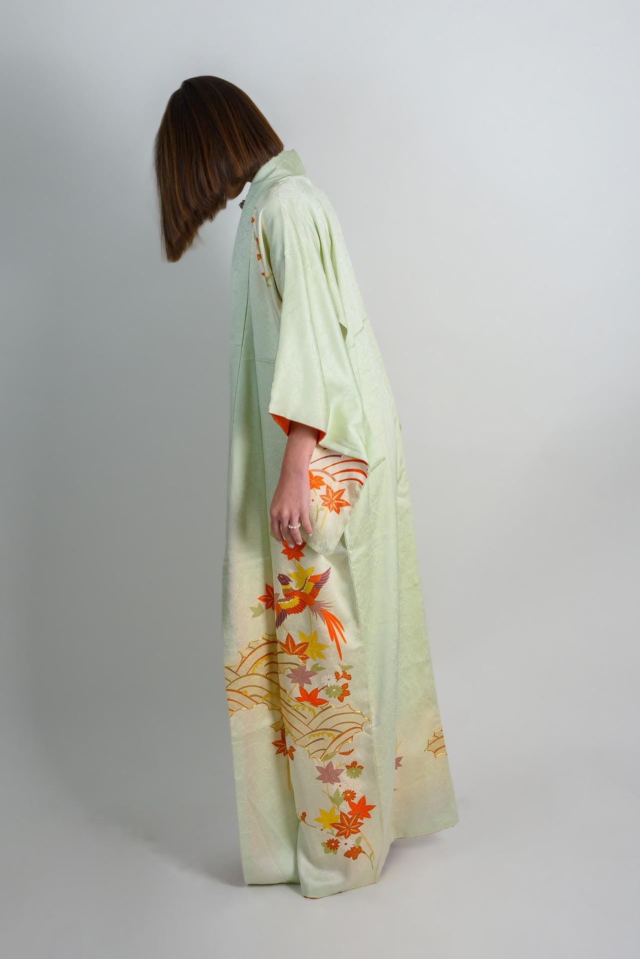 Handmade Silk Kimono | Embroidered Phoenix & Maple Leaf, Celadon Green